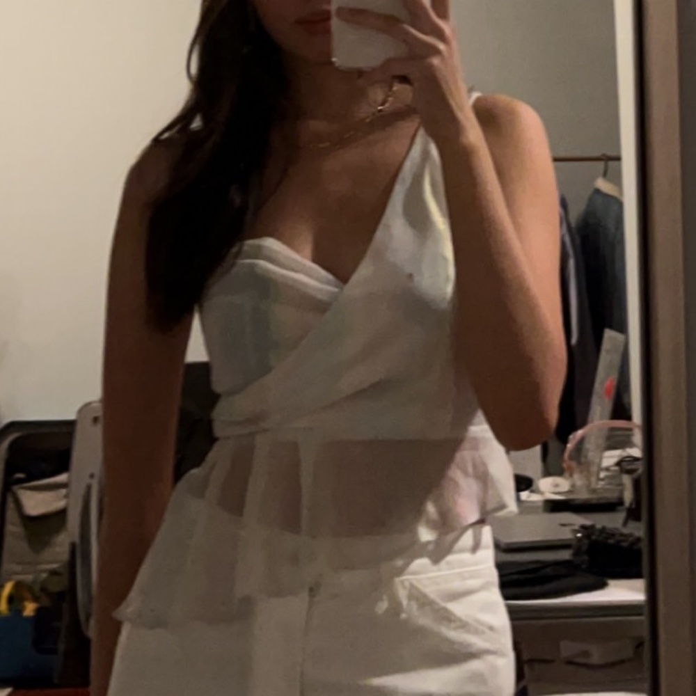 Asymmetric white-rainbow flowy top